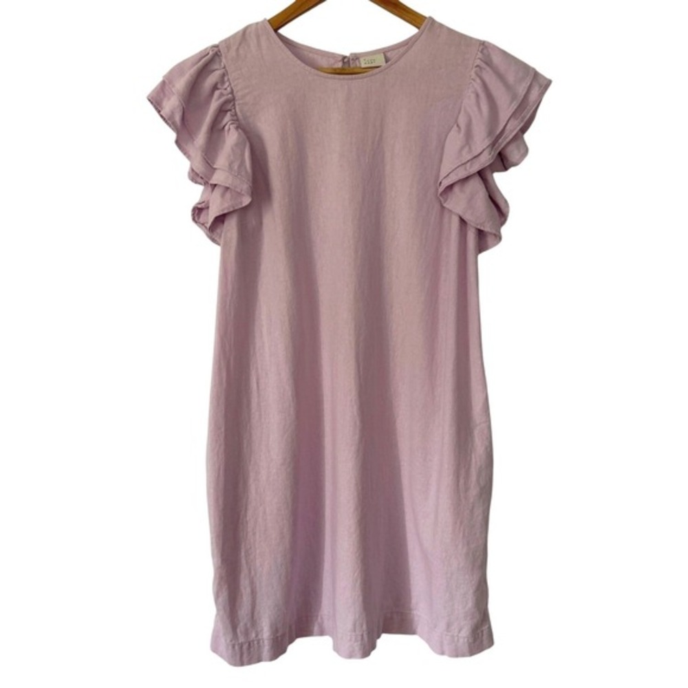 a new day Linen Blend Shift Dress L Purple Ruffle Pockets Cottagecore Workwear